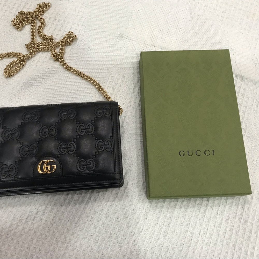 Gucci Black Leather Clutch with Gold Chain